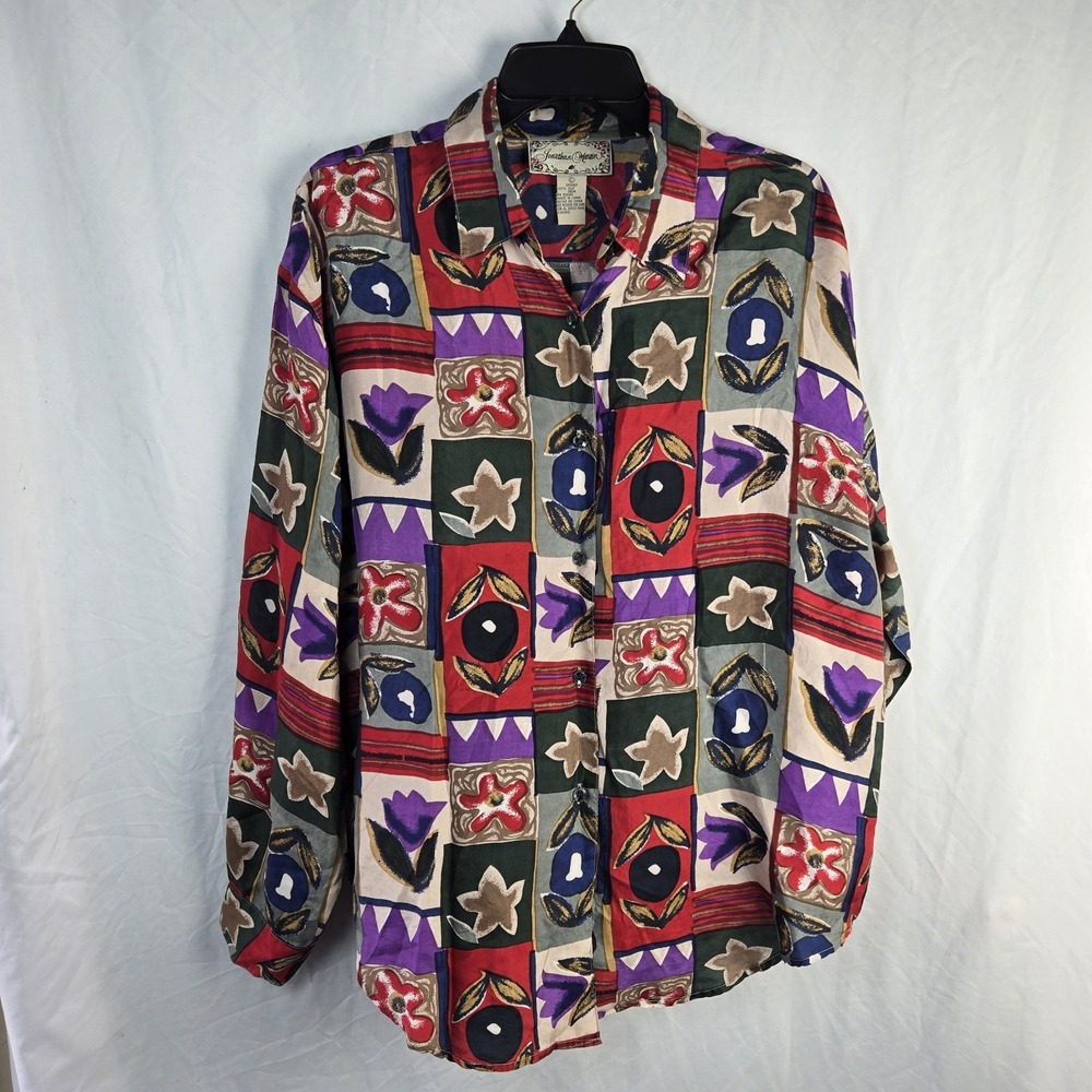 Vintage 80s Jonathan Martin Silk Blouse Womens Large Geo Floral Maximalist Retro